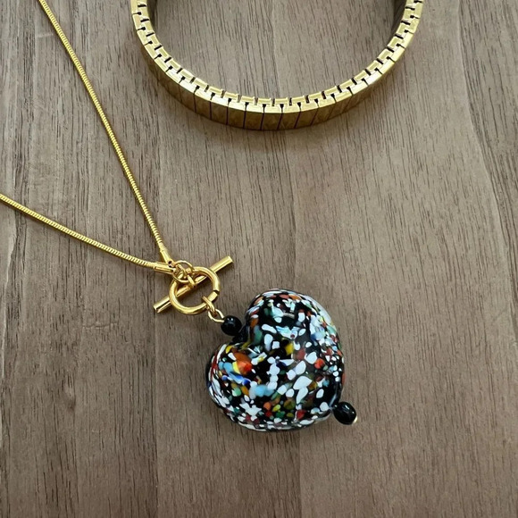 Italian Millefiori Glass Heart on Gold Chain Necklace and Stretch Bracelet - Picture 4 of 8